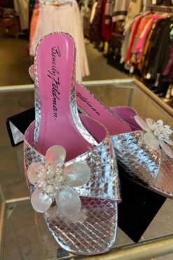 SOLD Silver Beverly Feldman Mother of Pearl Flower Shoes - 8