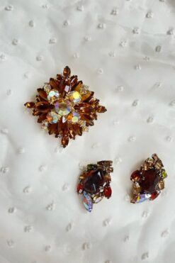Vintage WEISS Crystals Cluster Earrings & Brooch Set - Clip On