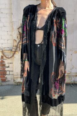 SOLD Vintage Burnout Silk Velvet Fringed Kimono Duster - One Size