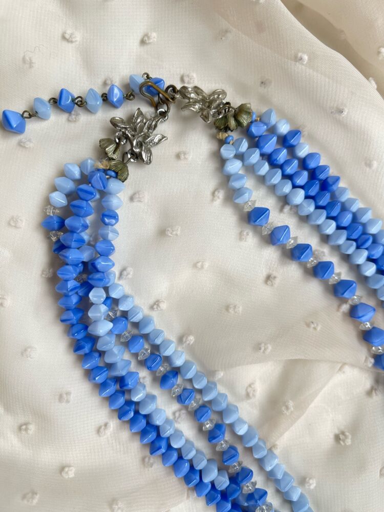 Iridescent Blue Glass Beads Necklace Set on Sale.