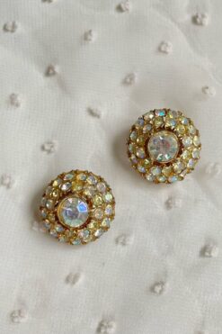 Vintage Gold & Iridescent Rhinestones Clip On Earrings