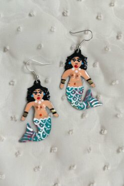 Vintage Hand Painted Metal Mermaid Earrings - Blue