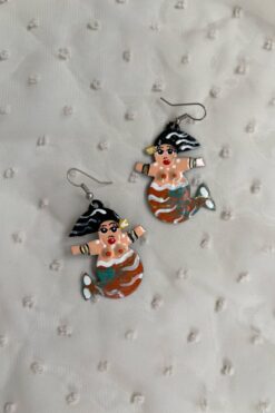 Vintage Hand Painted Metal Mermaid Earrings – Orange