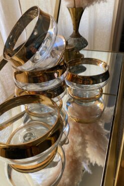 SOLD Mid Century Modern Liqueur Party Glassware with Gold Rim Set of 5