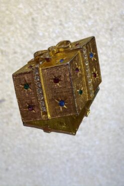 Vintage Gold Tone Gift Box with Multicolor Rhinestones Brooch