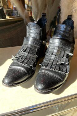 Freda Salvador Fringed Croc Embossed Leather Ankle Boots - Size 10