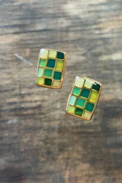 Vintage Mix Green Tiles Enamel Earring - Clip On