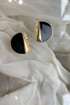 80s Black Enamel and Rhinestone Earring - Clip On