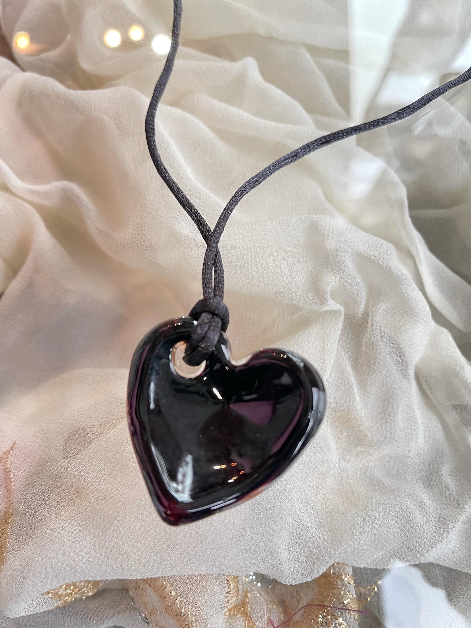 Murano Glass Black and Gold Heart Pendant Necklace → Hotbox Vintage