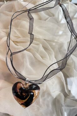 Murano Glass Black and Gold Heart Pendant Necklace