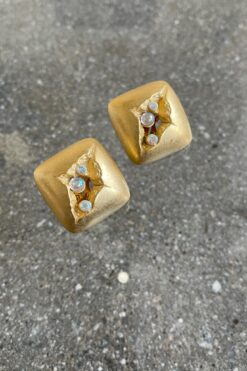 Vintage A.J.C Square Gold Tone with Iridescent Stones  Earring - Clip On