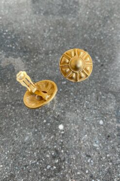 80s Gold Tone Button Earring - Clip On