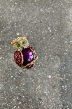 Vintage Owl Enamel and Rhinestone Brooches