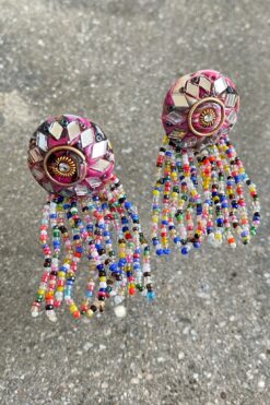 80s Mosaic Rainbow Beaded Tassel - Clip On Earrings