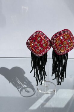 80s Mini Mirrors with Beaded Tassel Earring - Clip On