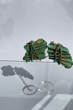 80s Green Leather with Beads Earrings - Clip On