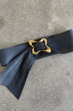 80s Wide Leather Waist Belt with Slide Golden Brass Buckle