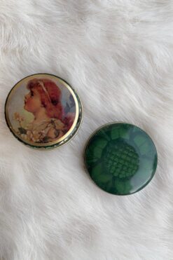 Vintage Pill Box - Green Flower and Wistful Girl