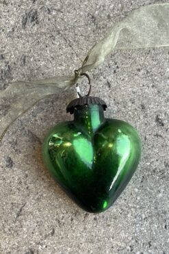 Antique Victorian Green Glass Heart Shape Kugel - Old Christmas Tree Ornament