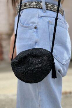 Vintage 80s Round Black Beaded Evening Bag with Tassel