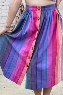 80s Rainbow Striped Skirt with Wooden Buttons - Large