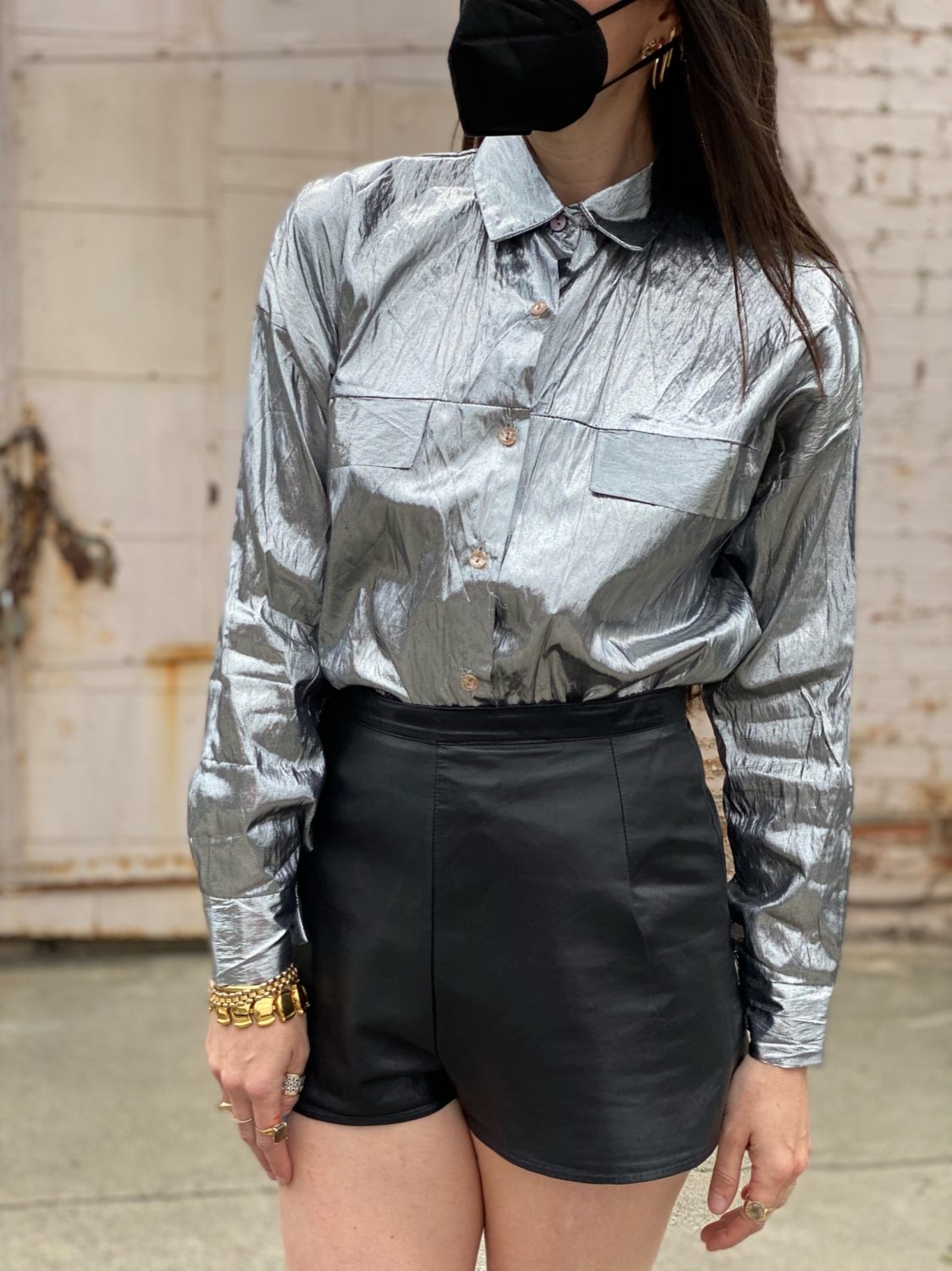 silver button up