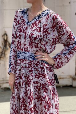 Vintage Navy and Burgundy Two-Tone Leaves Dress - M/L