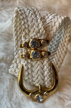 SOLD  White Leather Woven Belt with Gold Rhinestone Buckle - S/M