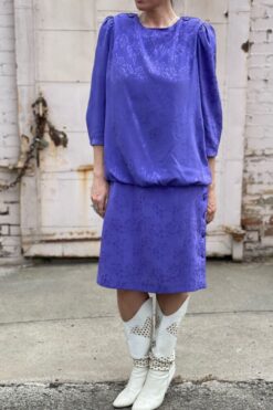80s Embossed Purple Drop Waist Dress - M