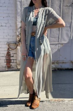 90s Sage Green Embroidered Duster - Large