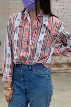 80s Peach Pink & White Southwest Button Up Shirt - S/M