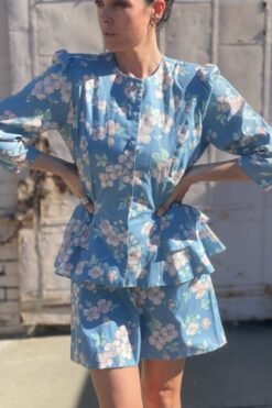SOLD Vintage Powder Blue Floral Jacket and Skirt Set - M