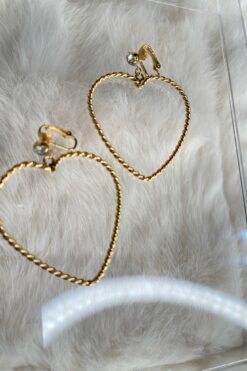 Vintage Gold Rope Heart Dangle Earrings - Clip-on