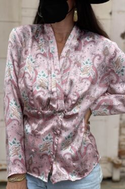 SOLD 80s Pink Satin Paisley and Rose Print Blouse - Medium