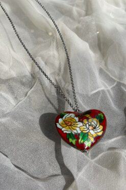 Signed Rachel Red Enamel Floral Heart Pendant Necklace