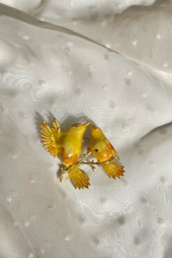 Vintage Yellow Enamel Birds on a Branch Brooch