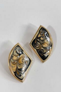 Vintage Black and Gold Marbled Swirl Earrings - Clip On