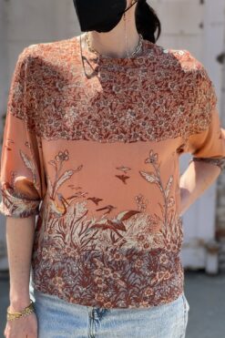 Carole Little Crane & Wildflowers Print Silk Top - S/M