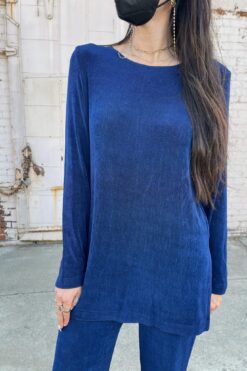 00s Navy Blue Slinky Top and Pants Set - Medium