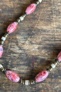 Vintage Hand Painted Roses Beaded Necklace