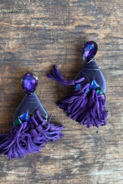 Vintage 80s Purple Leather Tassel and Crystal Earrings - Clip On