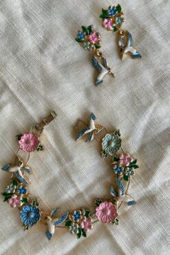 SOLD Vintage Hummingbird and Flowers Bracelet and Earring Set