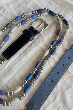 SOLD 90s Blue leather and Wood Beaded Belt – XLG