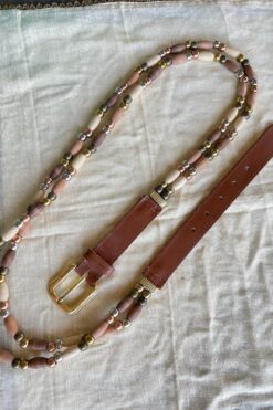 90s Tan Leather and Wood Beaded Belt - XLG