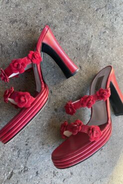 SOLD 90s Red Flower Strap Heels - 5.5