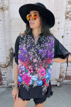 70s Black Light Blooms Tie Sleeve Tunic Top - LG