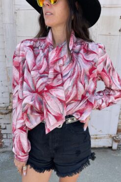 70s Red Leaves Scarf Blouse  - LG