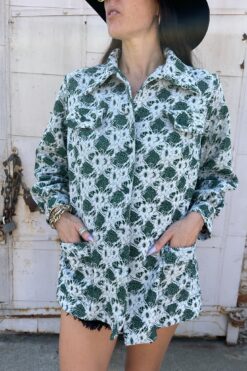 70s Green & White Floral Check Button Down Shirt - LG