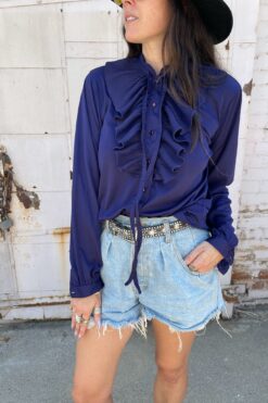 70s Tie Neck Ruffled Navy Blue Blouse - M/L