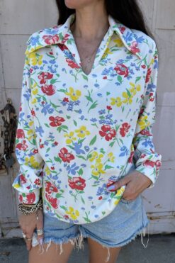 70s Primary Colors Wing Collar Pullover Top - LG